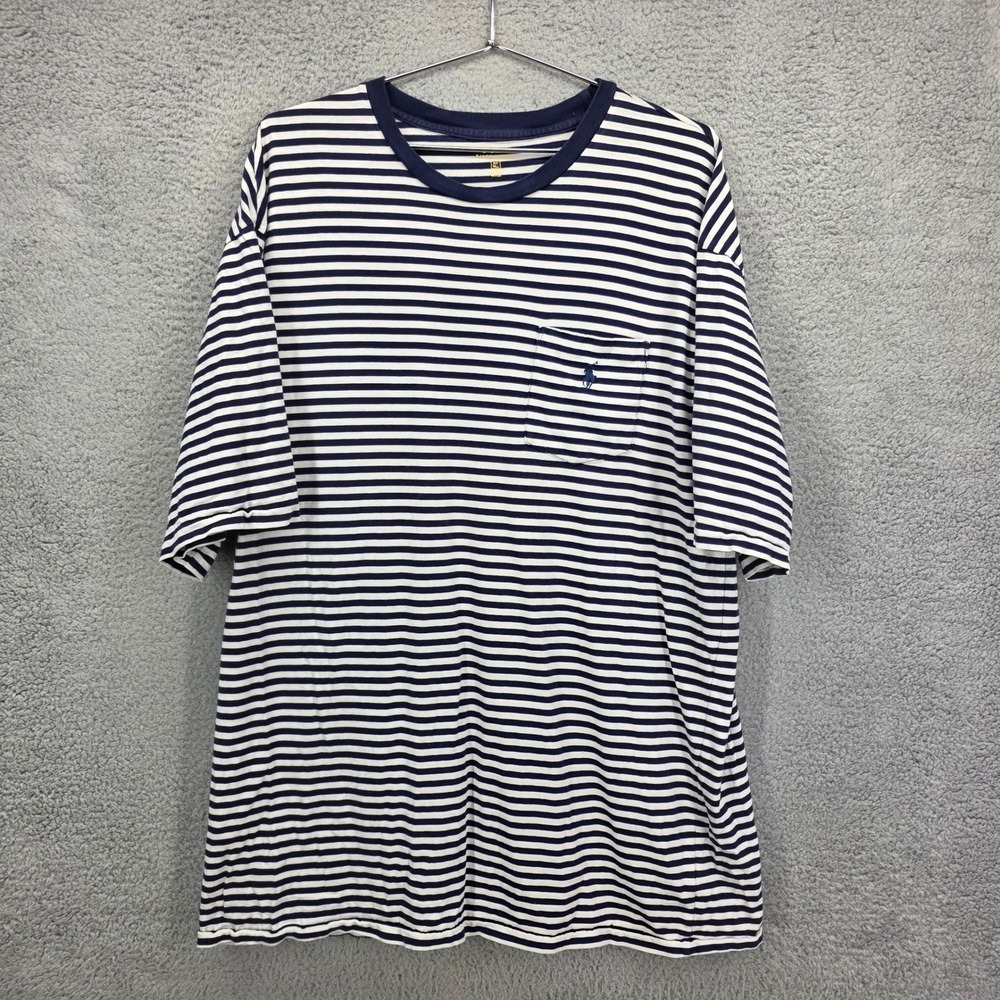Polo Ralph Lauren Mens XLT Tall Striped Pocket T-Shirt Navy Blue White Cotton